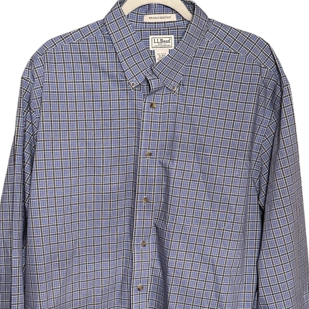 LL Bean Mens XL Regular Wrinkle Resistant Cotton Plaid Button Down Shirt Blue